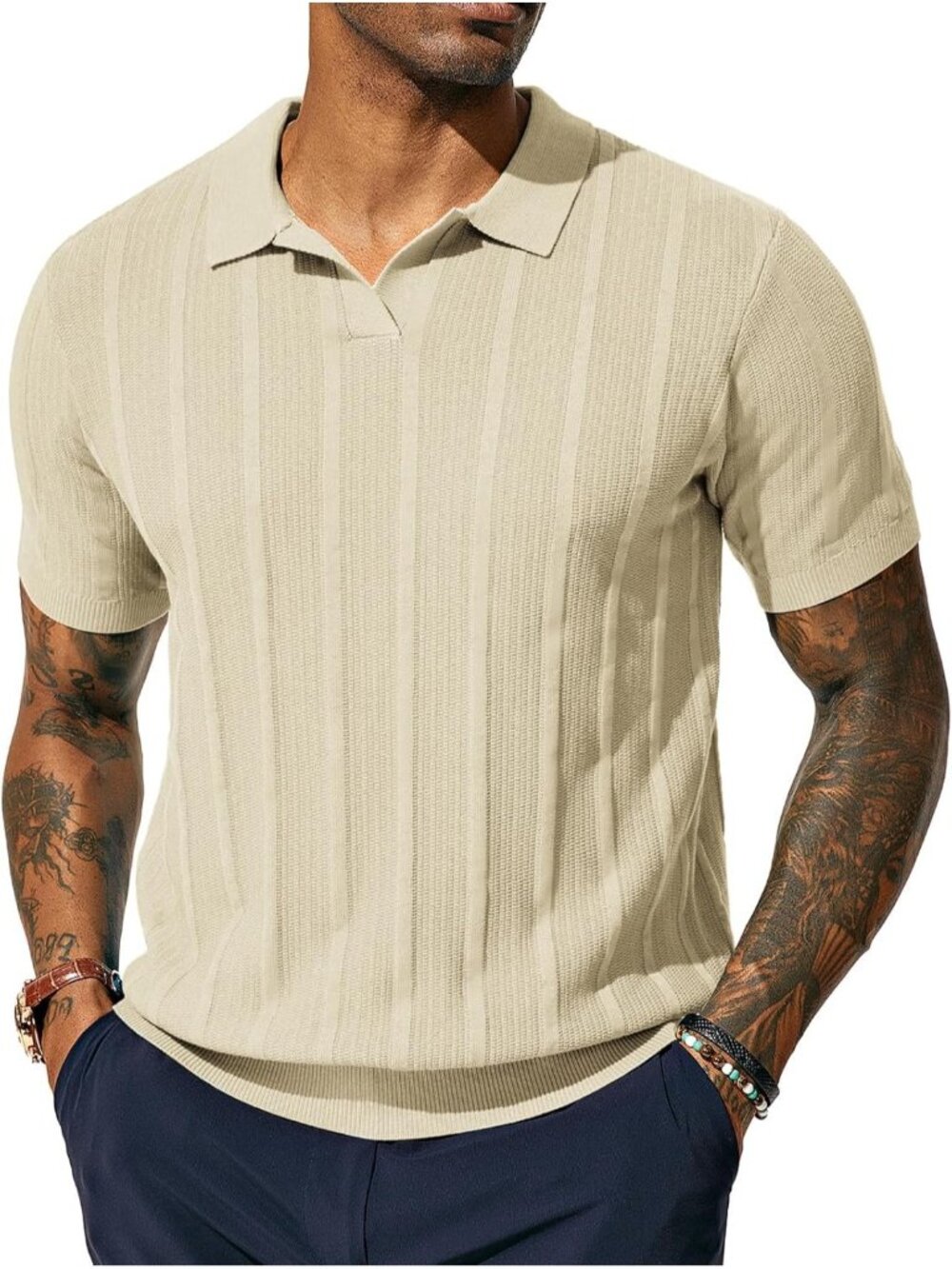 Men's Beige Button Polo Shirts Regular Fit Textured V-Neck Imported Golf